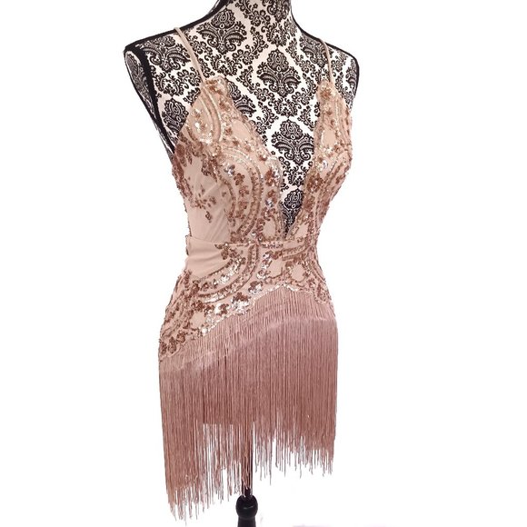 FASHION NOVA Sequin Netting & Long Fringe Nude Color Stretch Party Bodysuit XS - Picture 4 of 5